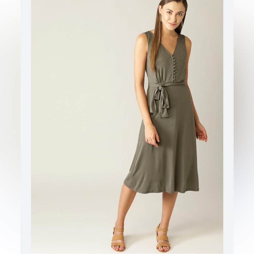 MANGO Olive Green Jersey A-Line Dress